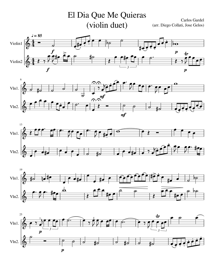 perdonar lo hizo Ladrillo El Dia Que Me Quieras - Violin Duet Sheet music for Violin (String Duet) |  Musescore.com