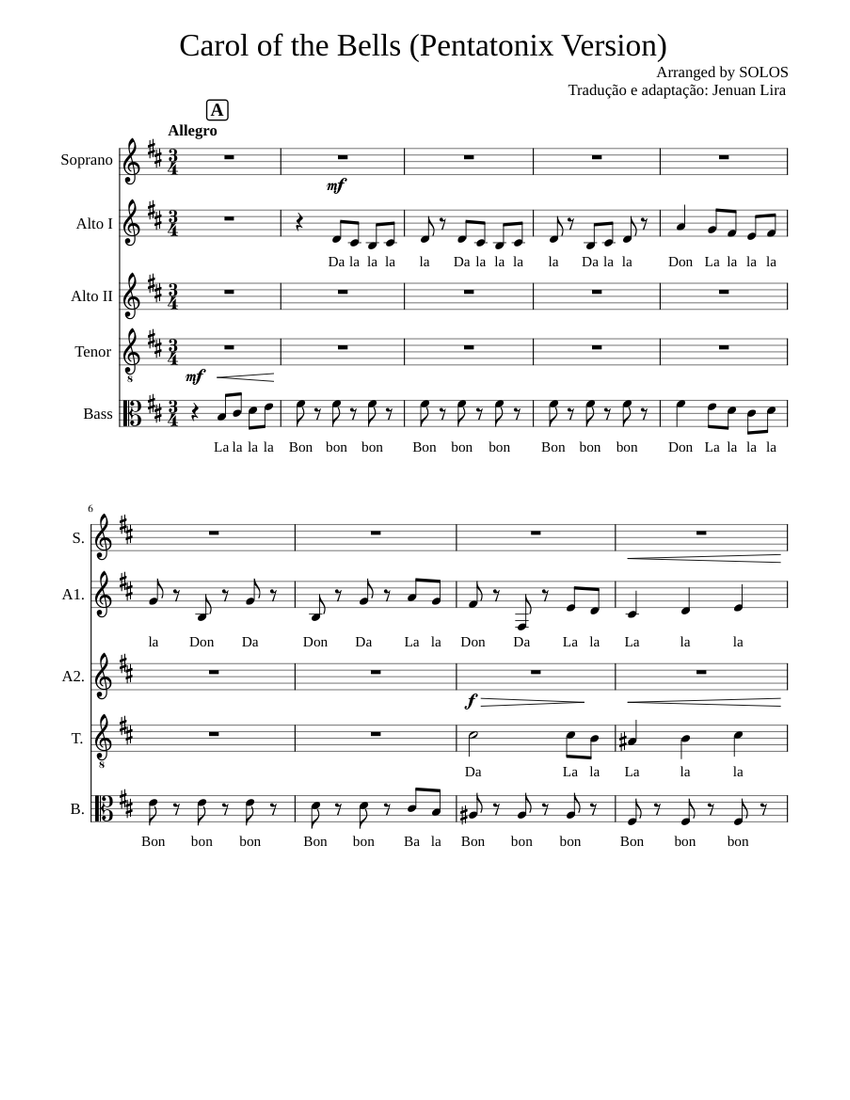 Carol of the Bells (Pentatonix_Version in D) Sheet music for Bass ...