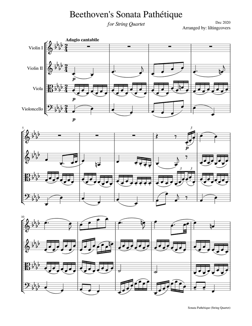 Sonata Pathétique Movement II (String Quartet) - Beethoven Sheet Music ...