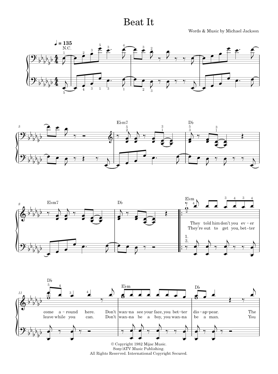 Play Official version of Beat it Sheet Music by Michael Jackson for ...