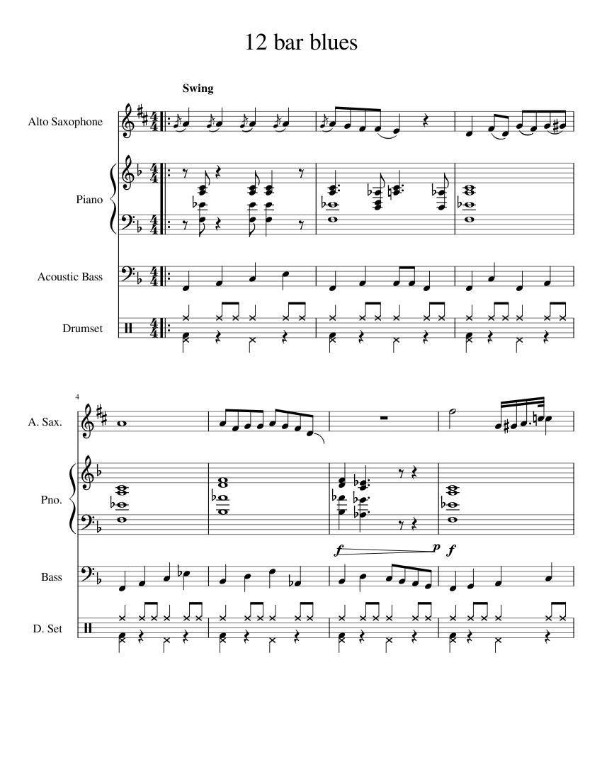 12 Bar Blues Sheet Music For Piano, Saxophone Alto, Bass Guitar, Drum ...