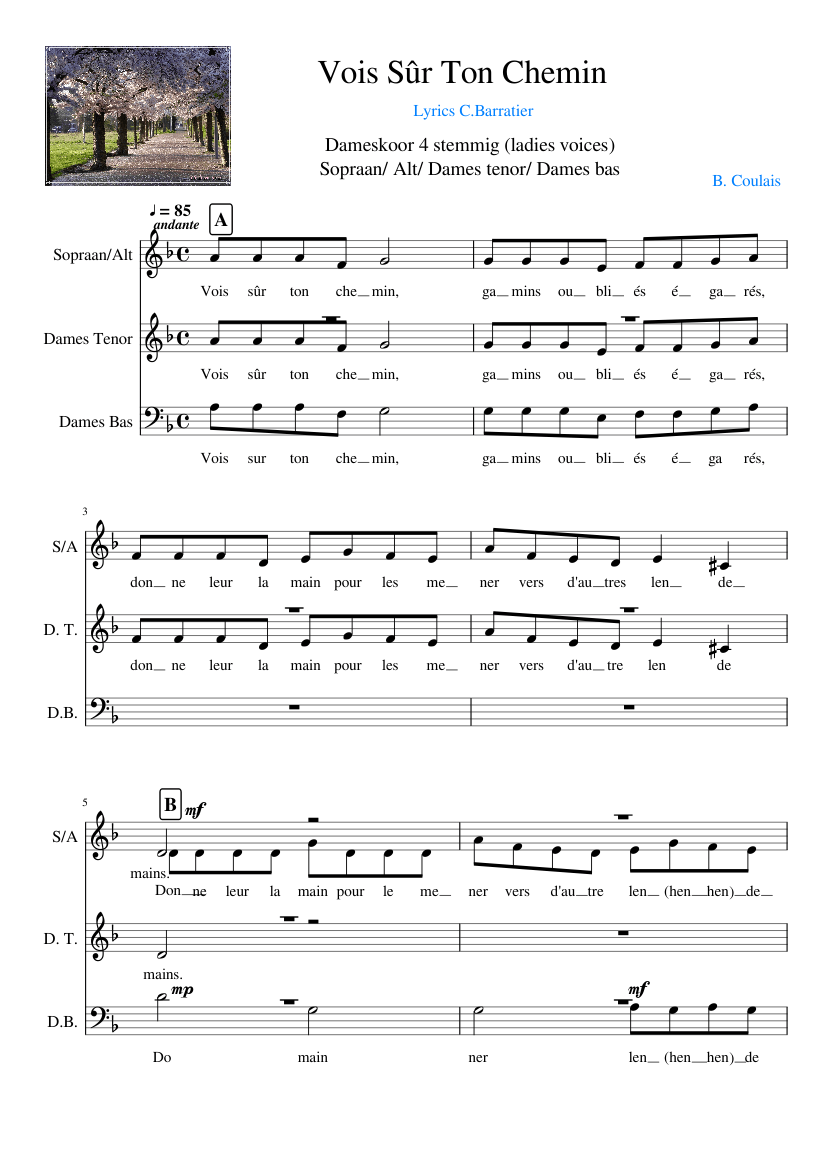 Vois Sûr Ton Chemin- 4 stemmig dameskoor Sheet music for Soprano, Tenor,  Flute (Mixed Trio) | Download and print in PDF or MIDI free sheet music  with lyrics | Musescore.com