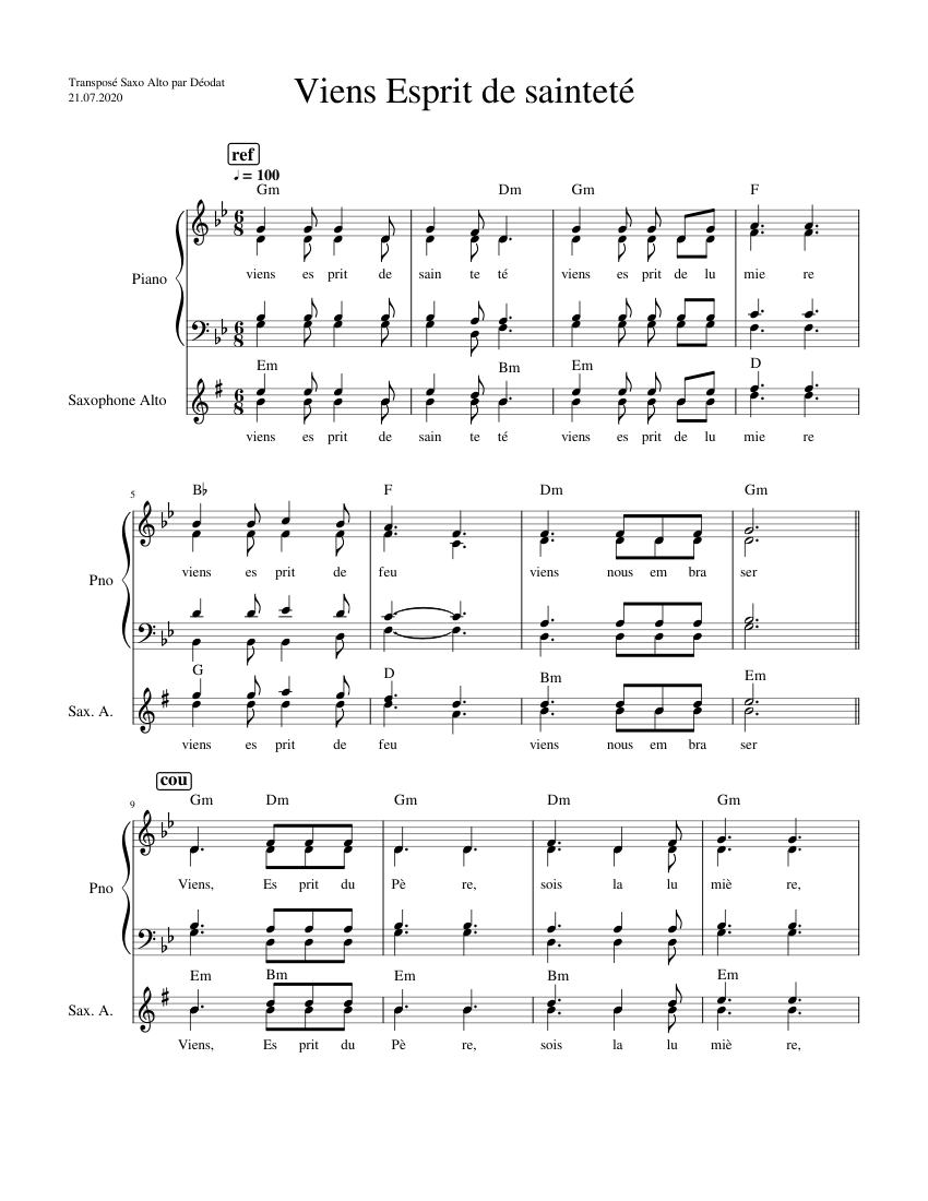 Viens Esprit de sainteté Sheet music for Piano, Saxophone alto (Solo ...