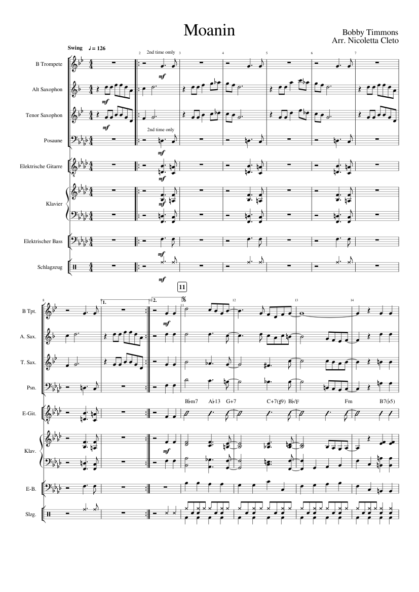 Moanin Sheet music for Piano, Trombone, Saxophone alto, Saxophone tenor
