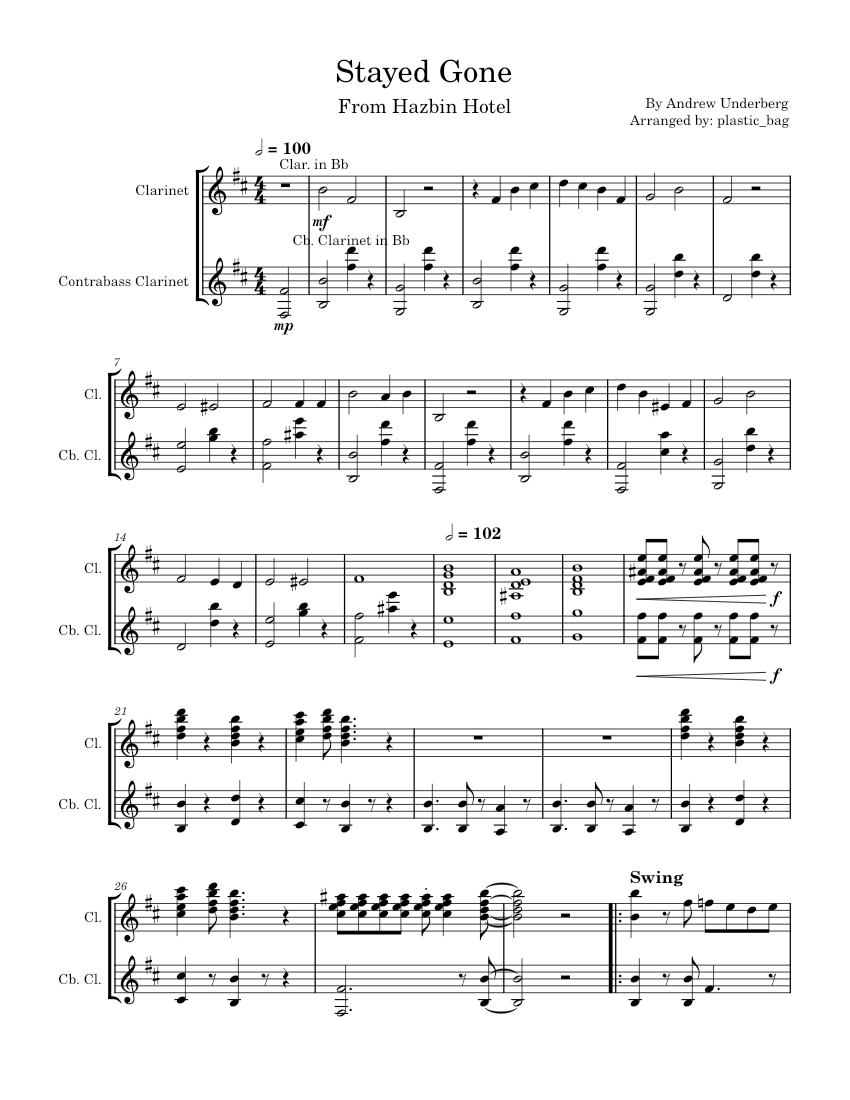 Stayed gone hazbin hotel sheet music for clarinet other woodwind
