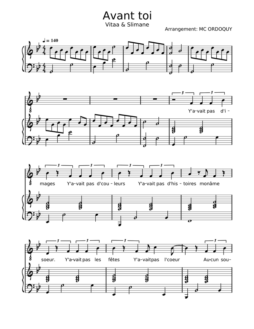 Avant Toi - Slimane & Vitaa Sheet Music For Piano, Flute, Drum Group ...