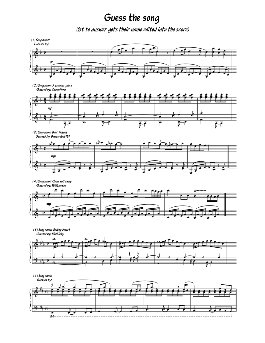 Guess the song (6 songs) Sheet music for Piano (Solo) | Musescore.com