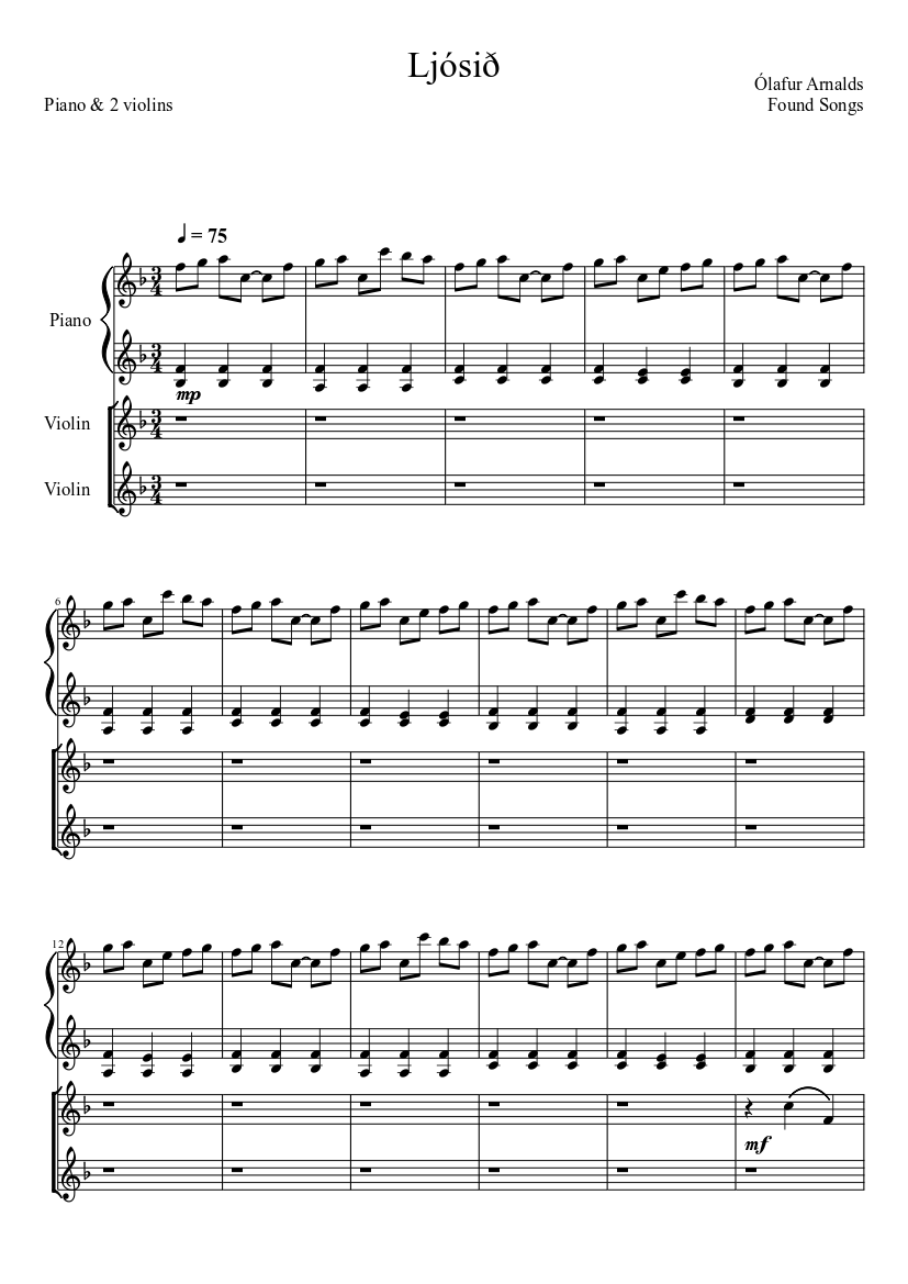 Ljósið Sheet music for Piano, Violin (Mixed Trio) | Musescore.com