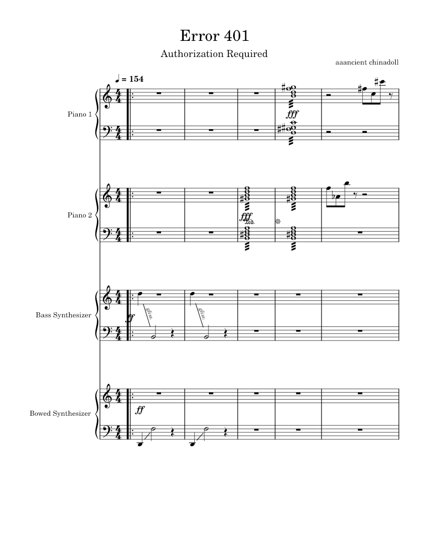 error 401 Sheet Music for Piano, Bass guitar, Synthesizer (Mixed ...