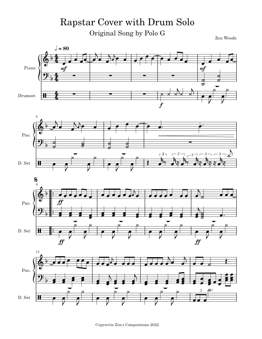 RAPSTAR – Polo G Sheet music for Piano, Drum group (Mixed Duet)