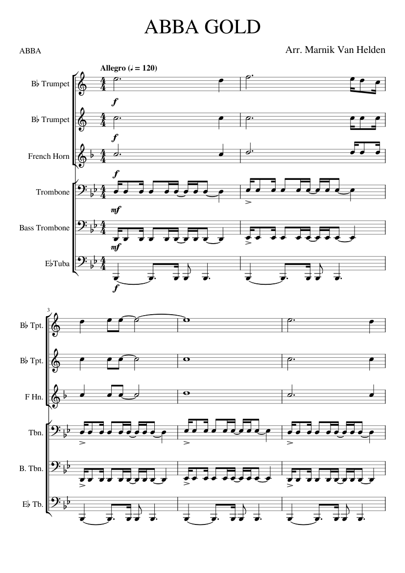 ABBA Gold For Brass Sextet Sheet music for Trombone, Tuba, Trombone bass,  Trumpet in b-flat & more instruments (Brass Ensemble) | Musescore.com