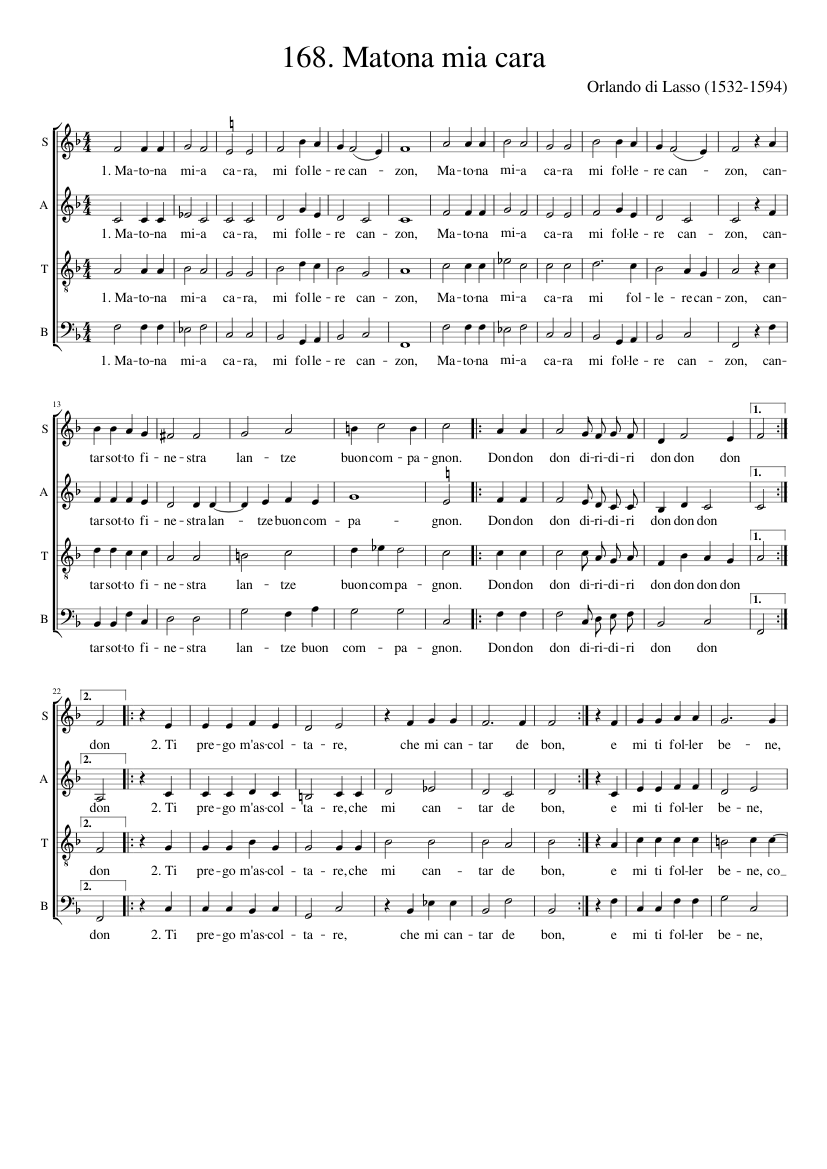 168. Matona mia cara Sheet music for Soprano, Alto, Tenor, Bass voice  (Choral) | Musescore.com