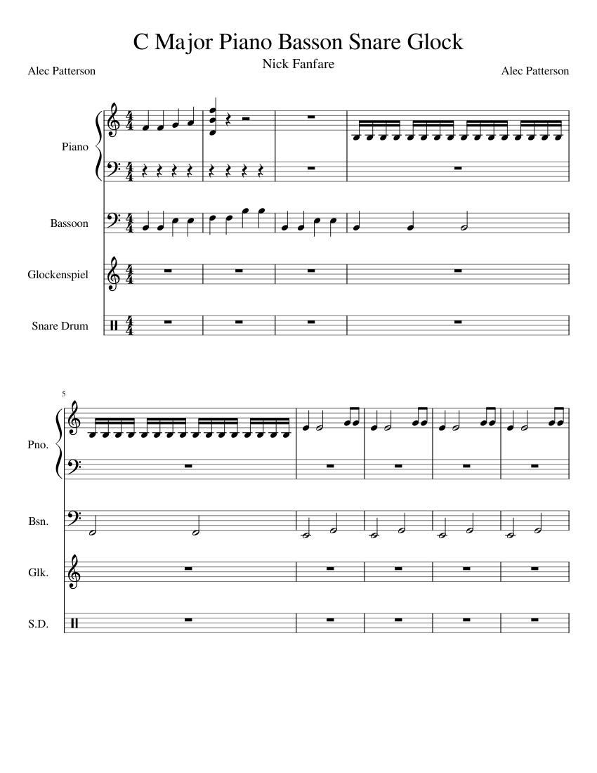 C Major for Piano, Basson, Snare, and Glockenspiel Sheet music for