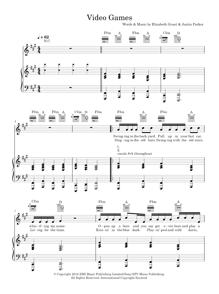 Play Official version of Video games Sheet Music by Lana Del Rey for ...