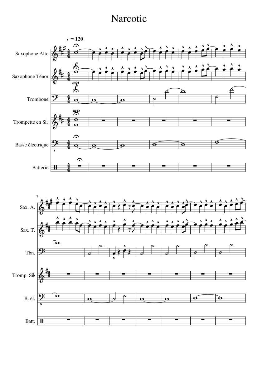 Liquido Narcotic Sheet music for Trombone, Saxophone alto, Saxophone tenor,  Trumpet in b-flat & more instruments (Mixed Ensemble) | Musescore.com