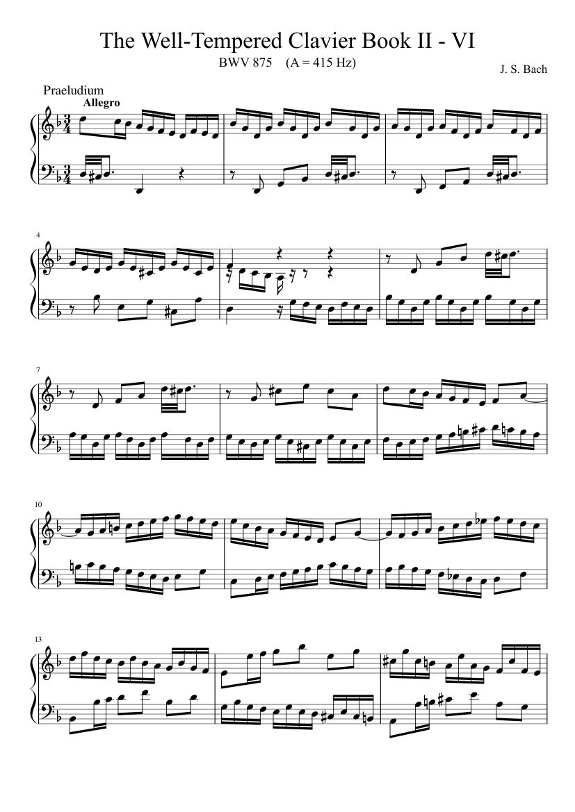 BWV 875: The Well-tempered Clavier Book II - VI (A = 415 Hz) 楽譜
