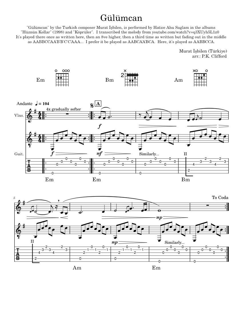 Gulumcan by Murat isbilen for violin and guitar Sheet music for Guitar,  Strings group (Solo) | Musescore.com