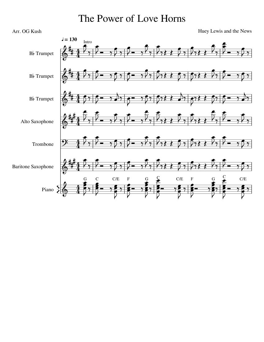The Power Of Love Huey Lewis Horn Parts Sheet Music For Piano Trumpet In B Flat Trombone Saxophone Alto More Instruments Mixed Ensemble Musescore Com