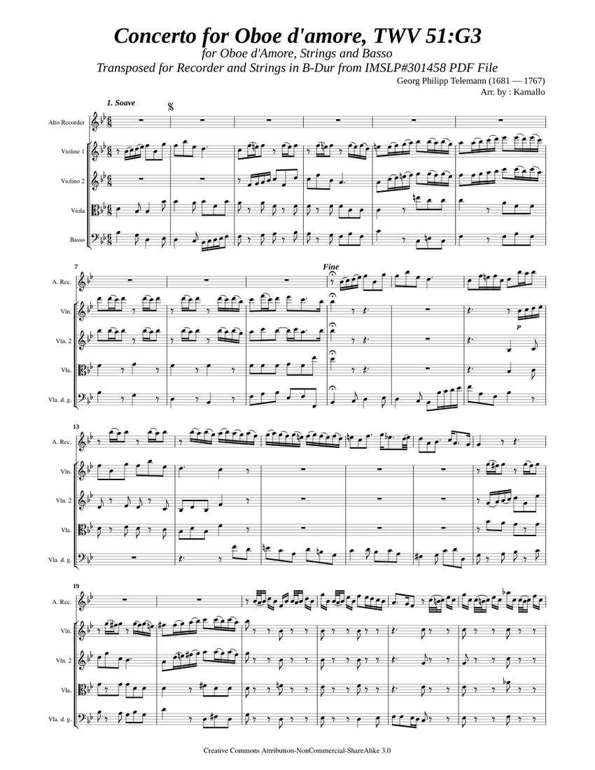 Telemann, G. P. _ Concerto G-Dur for Oboe d'amore, TWV 51:G3 [Recorder,  Strings] Sheet music for Violin, Viola, Cello, Recorder (Mixed Ensemble) |  Musescore.com