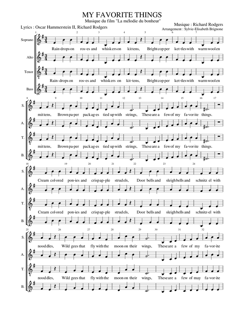 My favorite things - La mélodie du bonheur (SATB MuseScore) Sheet music for  Soprano, Alto, Tenor, Bass voice (SATB) | Musescore.com