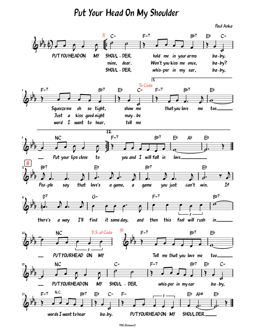 Put Your Head on My Shoulder (Lead sheet with lyrics ) Sheet music for Piano  (Solo) Easy | Musescore.com