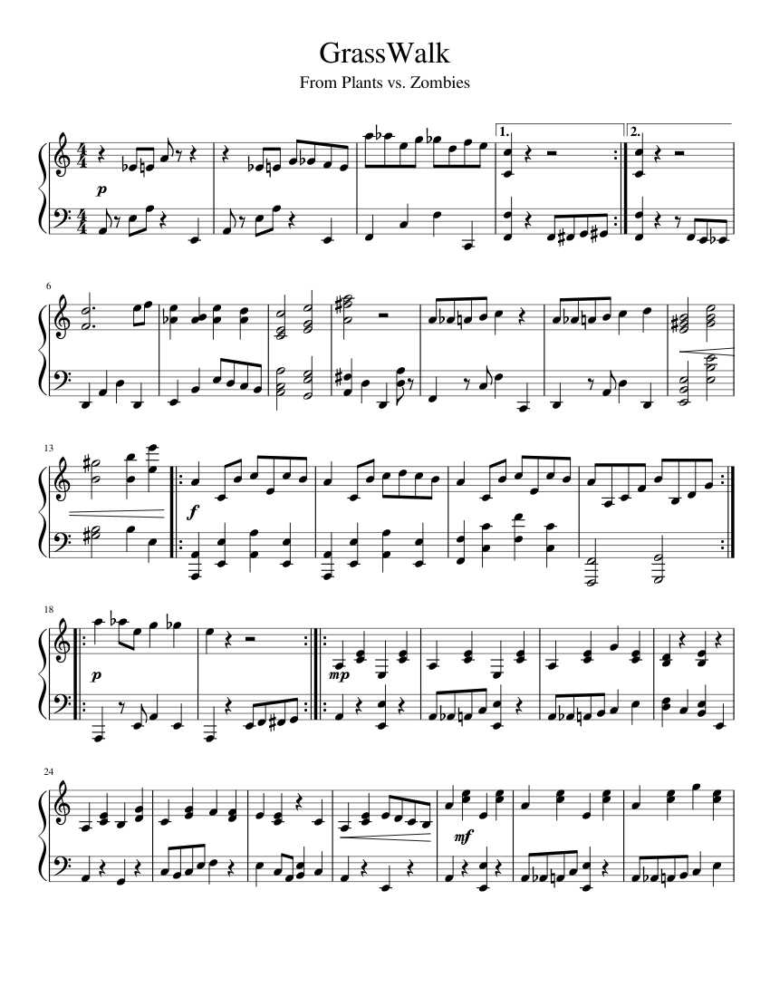 Plants Vs Zombies Grasswalk Sheet Music For Piano Solo Musescore Com