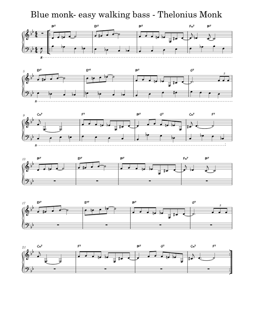 blue monk – Thelonious Monk - simple walking bass line Sheet music for Piano  (Solo) | Musescore.com
