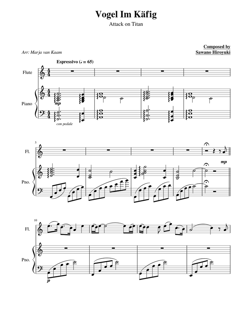 Vogel im Käfig for Flute and Piano | ATTACK ON TITAN - SHINGEKI NO KYOJIN Sheet  music for Piano, Flute (Mixed Duet) | Musescore.com