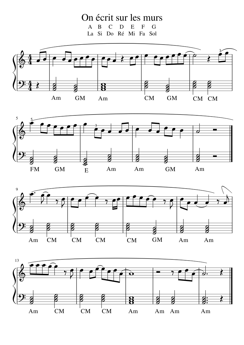 On écrit sur les murs Sheet music for Piano (Solo) Easy | Musescore.com