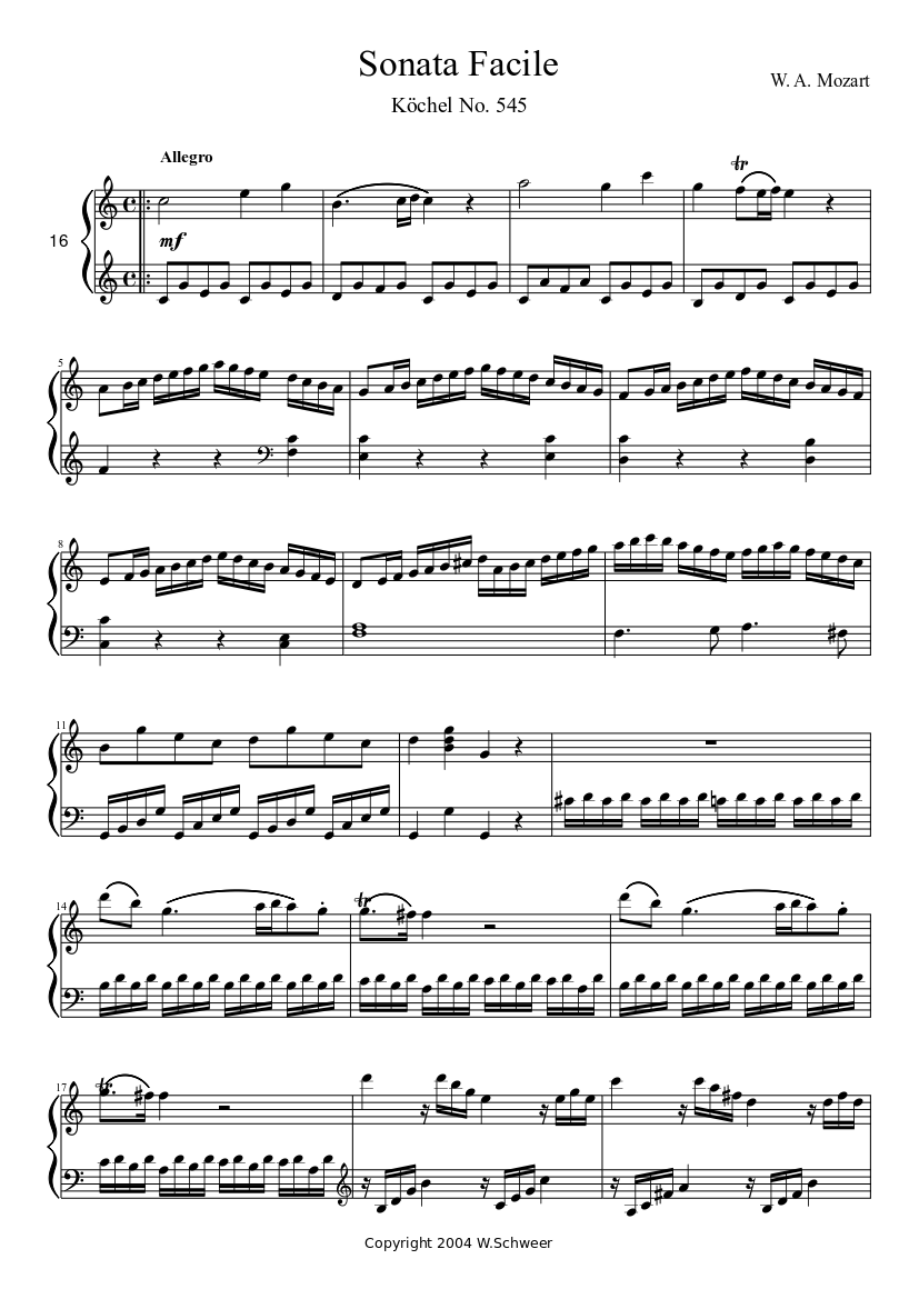 W.A. Mozart - Sonata Facile Sheet music for Piano (Solo) | Musescore.com