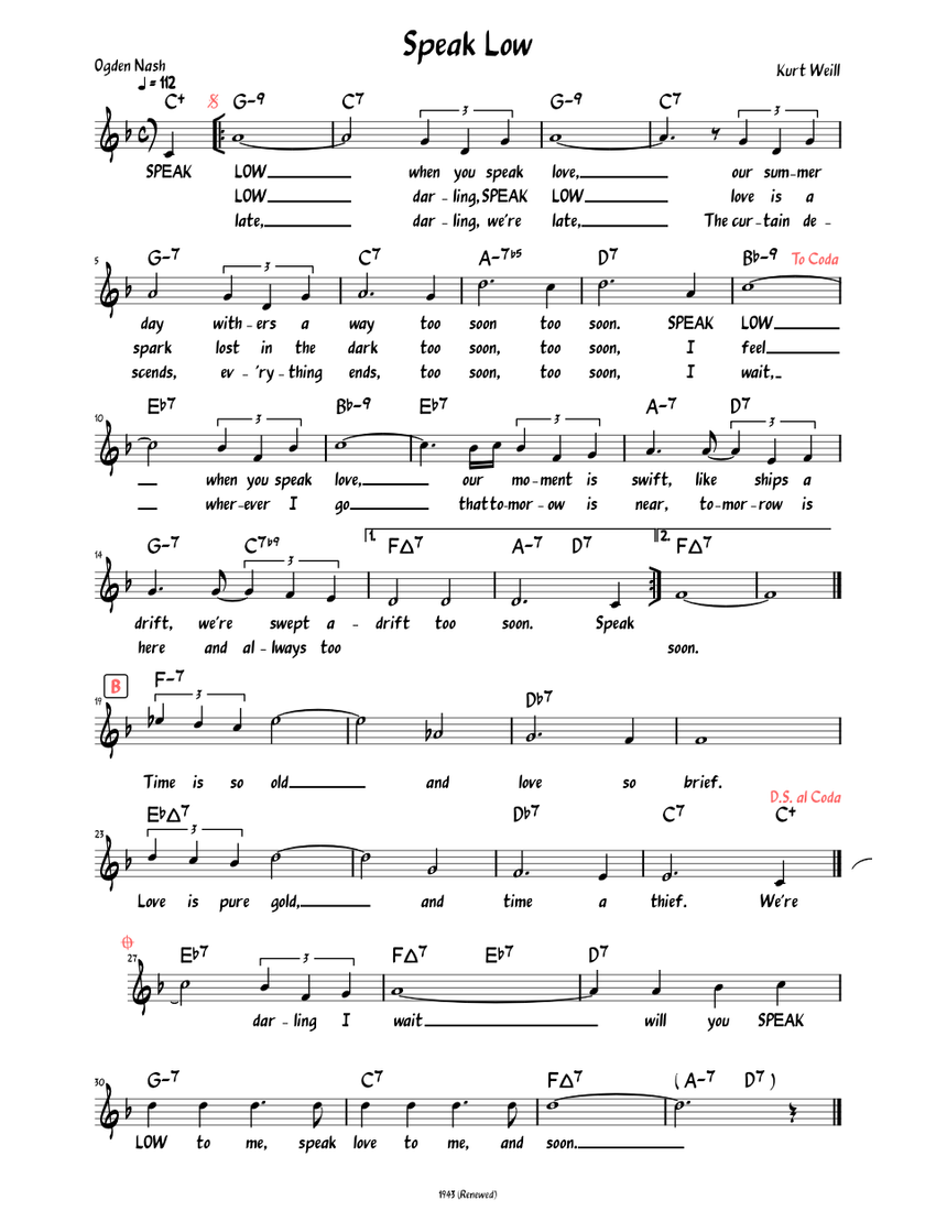 Speak Low (Lead sheet with lyrics ) Sheet music for Piano (Solo) Easy |  Musescore.com