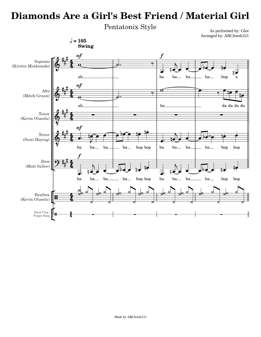WIP) Diamonds Are a Girl's Best Friend / Material Girl | Glee (Pentatonix  Style) Sheet music for Drum Group, Tenor, Alto, Bass, Mezzo Soprano (Mixed  Ensemble) | Download and print in PDF