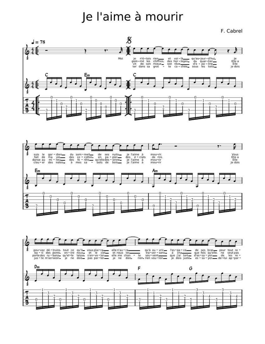 Je l'aime à mourir Sheet music for Flute, Guitar (Mixed Duet) |  Musescore.com