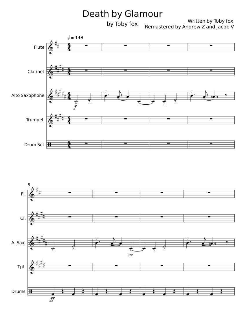 Death by Glamour - Toby Fox Sheet music for Flute, Saxophone alto, Drum ...