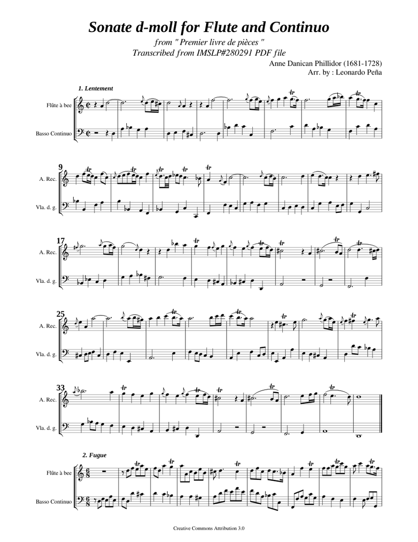 Phillidor, A. D. _ Sonata dmoll [Recorder, BC] Sheet music for Cello