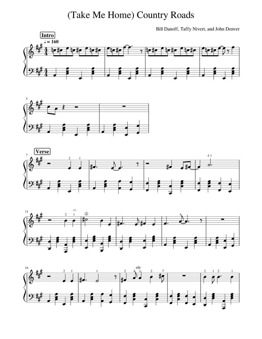 Take Me Home, Country Roads sheet music for alto saxophone solo