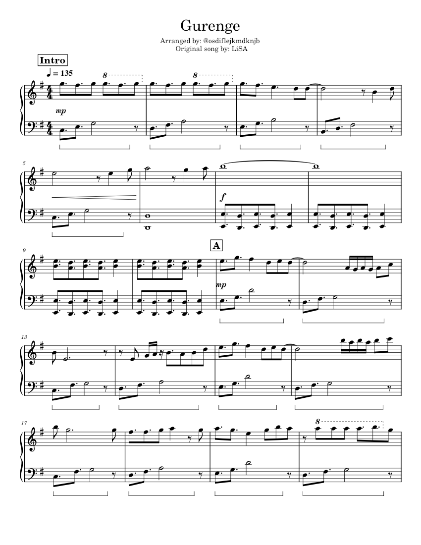 Gurenge – LiSA [easy piano] Sheet music for Piano (Solo) | Musescore.com