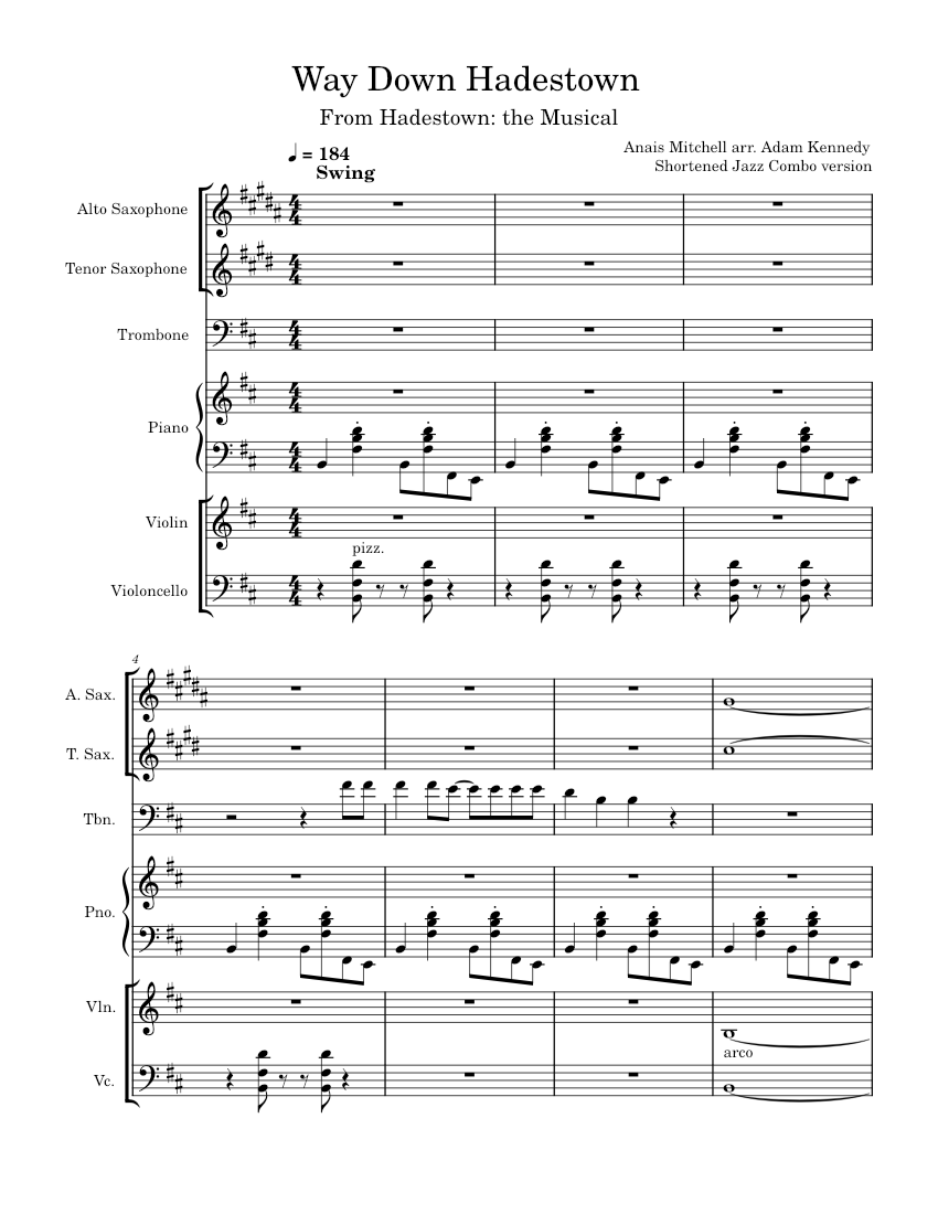 Way Down Hadestown Sheet Music for Piano, Trombone, Saxophone alto ...