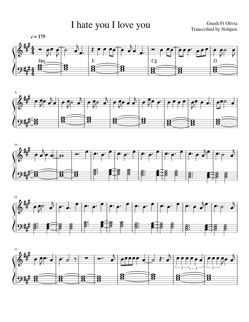 Gnash I hate you I love you Sheet music for Piano (Solo) | Musescore.com