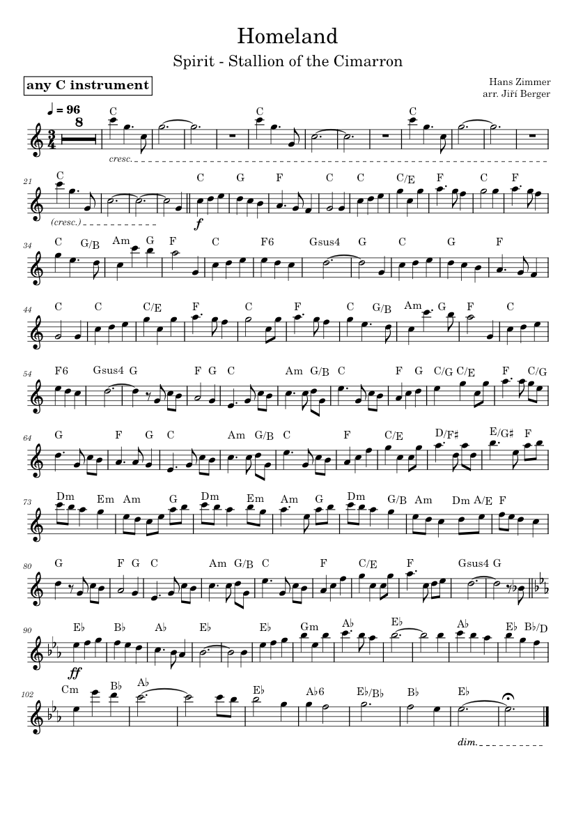 Spirit, Stallion of the Cimarron: Homeland - Hanz Zimmer Sheet
