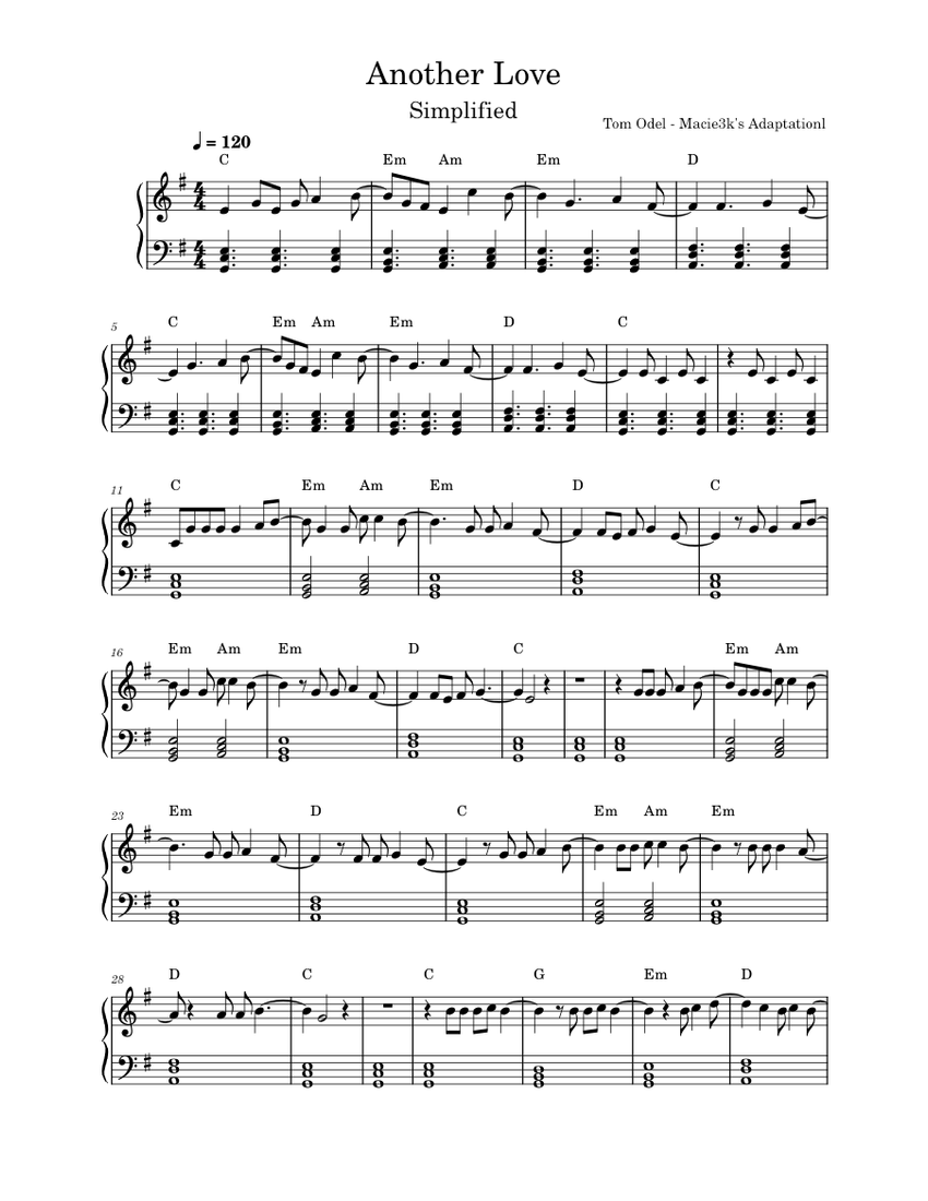 Tom Odell – Another love Sheet music for Piano (Solo) Easy
