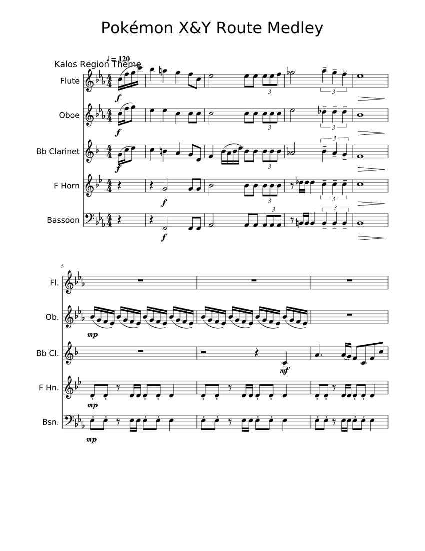 Pokémon X&Y Route Medley Sheet music for Flute, Oboe, Clarinet in b-flat,  Bassoon & more instruments (Woodwind Quintet) | Musescore.com