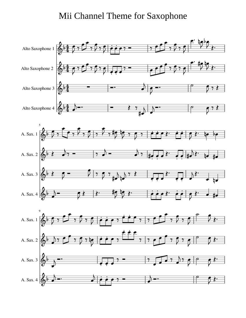 Mii Channel Theme for Saxophone Quartet Sheet music for Saxophone alto ( Saxophone Ensemble) | Musescore.com