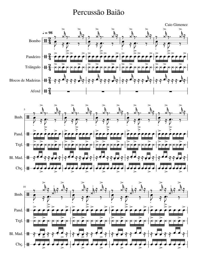 Percussão Baião Sheet Music for Tambourine, Bass drum, Triangle ...