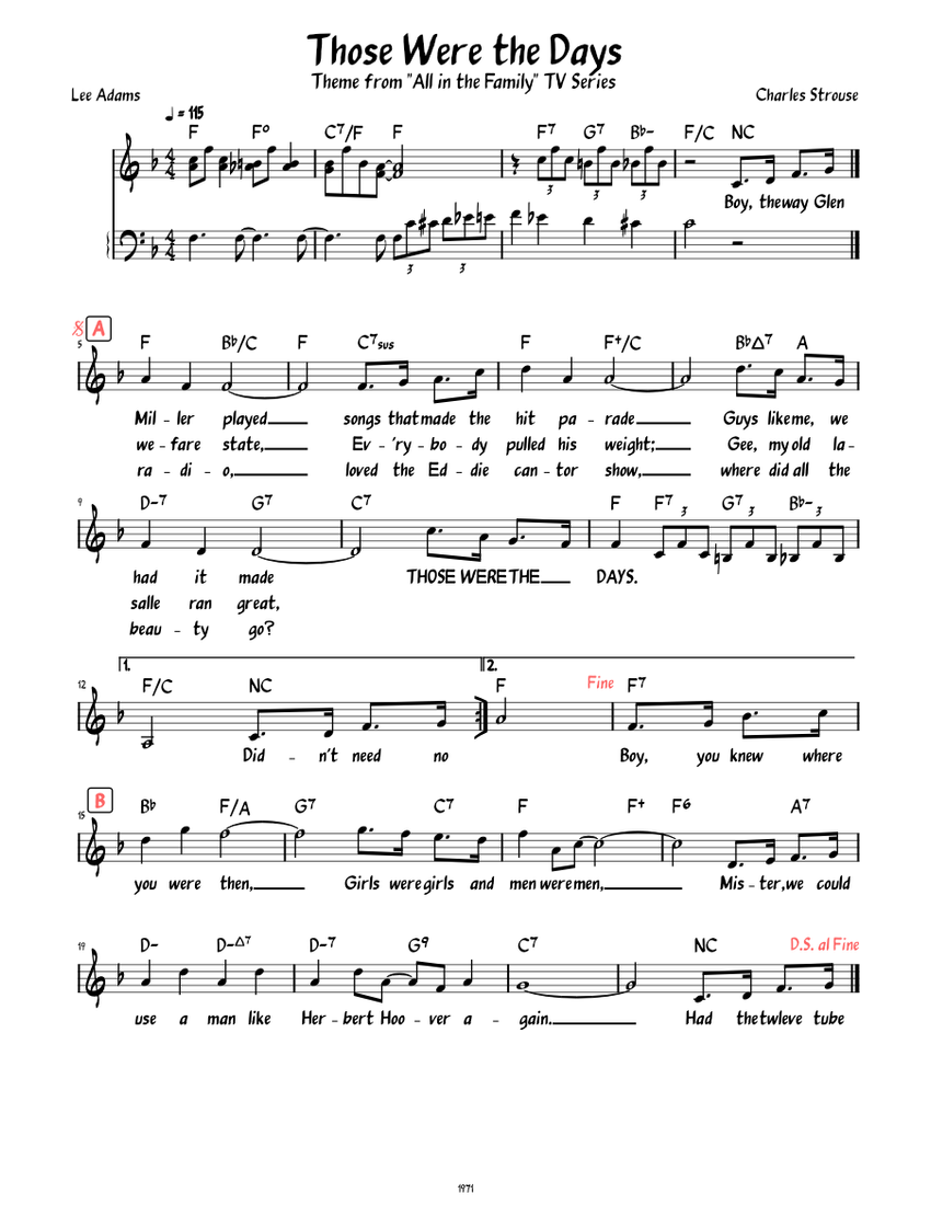 Those were the days archie bunker theme lead sheet with lyrics