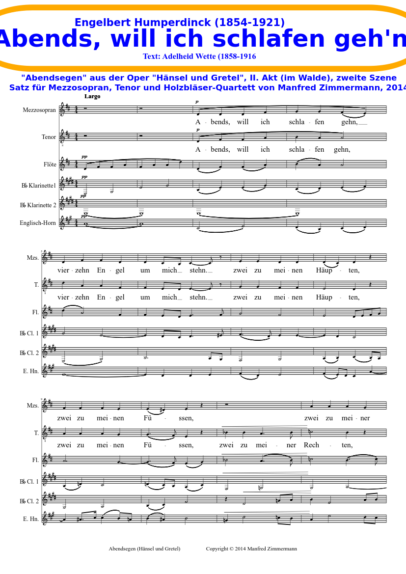 Abendsegen (Abends, will ich schlafen gehn) Sheet music for Tenor, Vocals,  Flute, Oboe & more instruments (Mixed Ensemble) | Musescore.com