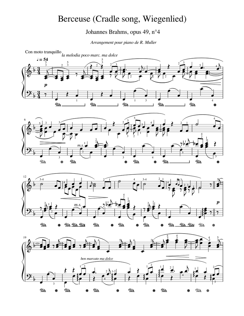 Berceuse de Brahms ( Cradle song, Wiegenlied) Sheet music for Piano (Solo)  | Musescore.com