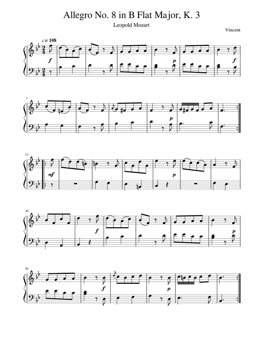Mozart - Allegro No. 8 in B Flat Major, K. 3 Sheet music for ...