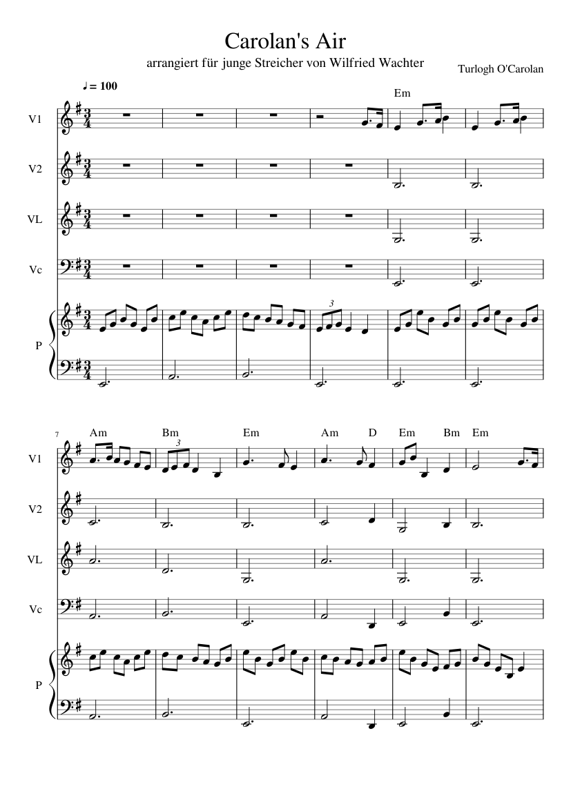 Carolan's Air Sheet Music with Chords for Piano, Violin, Cello