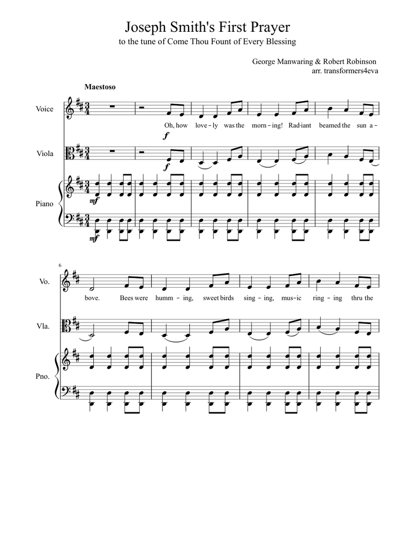 Come Thou Fount Joseph Smith S First Prayer Sheet Music For Piano Viola Voice Other Mixed Trio Musescore Com